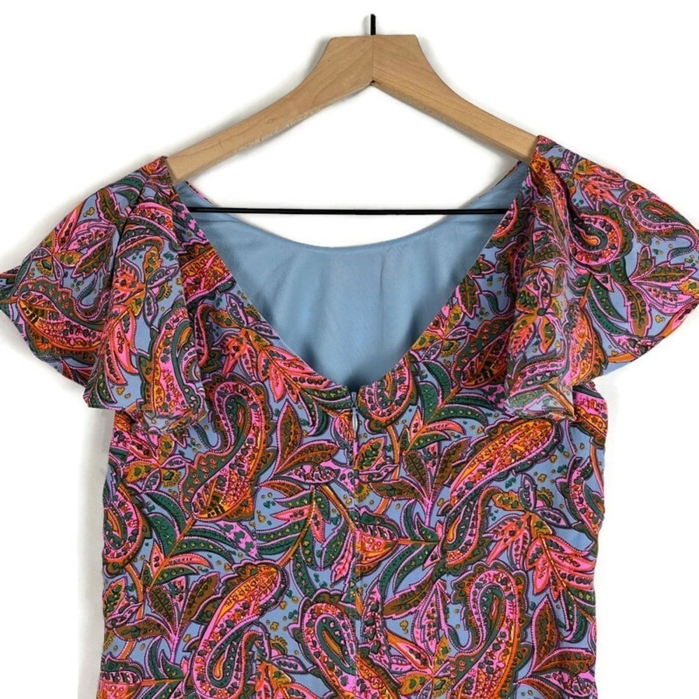 J. CREW Pink Blue Paisley 100% Silk Cap Flutter Sleeve Mini Dress Size 2 Petite - Picture 8 of 14
